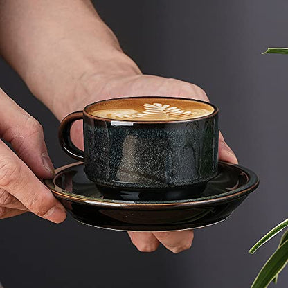 JIEMEI HOME Porcelain Stackable Espresso Cups with Saucers and Metal Stand, 4 Ounce Demitasse Cups for Specialty Coffee Drinks, Latte, Tea Set of 4, Stackable Espresso Mugs, Kiln Tide Glaze - color: Kiln Tide Glaze