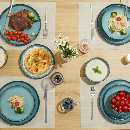 Stoneware Dinnerware Sets, Kitchen Plates and Bowls Set, Ceramic Dish Set for 4, Modern Chip & Scratch Resistant Dishware Sets, Durable Reactive Glaze Dinner Set, Green Black - color: Green Black, size: Set (12pcs)