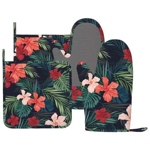 Tropic Hawaiian Hibiscus Flower Oven Mitts Pot Holders Set Silicone Heat Resistant Green Leaves Red Floral Oven Mitts and Hot Pads Potholders Non-Slip Oven Gloves for Cooking Baking Grilling - color: Red Green