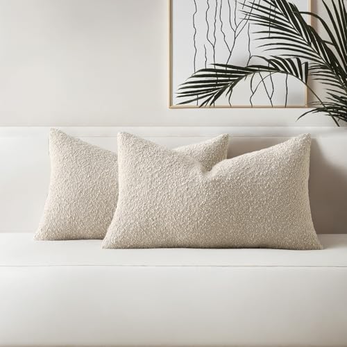 HAUSSY Pack of 2 Boucle Lumbar Throw Pillow Covers 12x20 Inch, Beige | Decorative Accent Solid Neutral Pillowcases, Machine Washable, Couch Bed Sofa Living Room Home Decor, No Insert - color: Beige, size: 20" x 12" (Pack of 2)