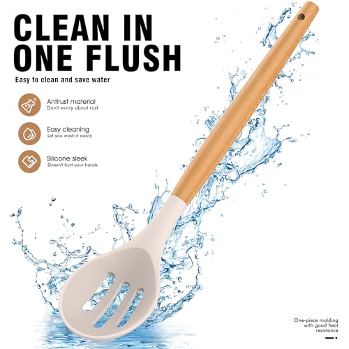 Silicone Cooking Utensils Set - AVGPD Silicone Kitchen Utensils for Cooking Wooden Handles, 446°F Heat Resistant Kitchen Utensil Spatula Sets w Holder, Gadgets for Non-Stick Cookware BPA FREE (Khaki) - color: Khaki