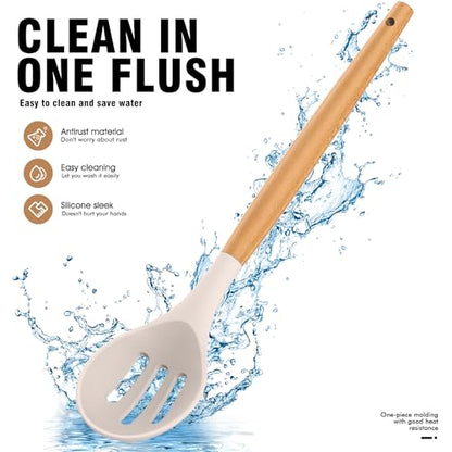 Silicone Cooking Utensils Set - AVGPD Silicone Kitchen Utensils for Cooking Wooden Handles, 446°F Heat Resistant Kitchen Utensil Spatula Sets w Holder, Gadgets for Non-Stick Cookware BPA FREE (Khaki) - color: Khaki