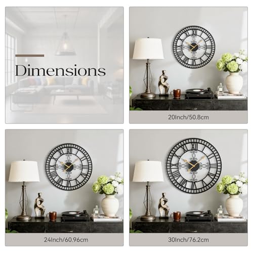 20" Large Wall Clock, Big Clock for Living Room Decorative, Black Large Wall Clocks Battery Operated with Metal Roman Numeral, Completely Silent, Non-Ticking for Bedroom, Kitchen,Fireplace - size: 20 inch