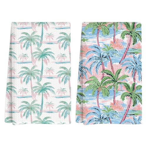 Summer Beach Kitchen Towels, Summer Kitchen Bathroom Decor, Housewarming Gifts, Palm Tree Waffle Decorative Dish Hand Towel for Seasonal Holiday Home Bathroom Bar Baking Set of 2 14x24 Inch - color: Palm Tree-1