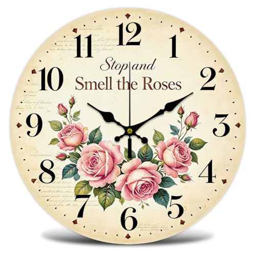 Vintage Rose Wall Clock Silent Non-Ticking 12" for Living Room Decor | 1 AA Battery Operated (not Included); Easy to Read; Keep Accurate Time; Vintage Rustic; Kitchen Bedroom Indoor Use - color: Rose