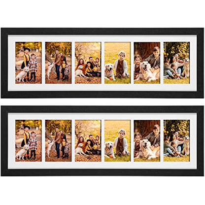 2 Pcs Picture Frame Collage 4x6, 6 Opening Black Wood Grain | Multiple Pictures Display with Mat, Wall Tabletop Decor, Family Photo Collage Frames 4x6, White Mat, Memory Gift