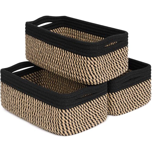 Goodpick 3Pack Wicker Storage Baskets for Closet, 11 x 7 x 4.5 | Woven Baskets for Shelves Fit Bedroom Lving Room, Small Baskets for Gift Empty, Dog Toy Basket for Pets, Black & Jute - color: Black & Jute, size: Small (11"L x 7"W x 4.5"H)