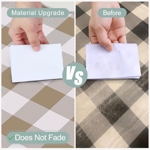 Round Waterproof Vinyl Table Cloth, Buffalo Flannel Backed Tablecloth, Wipeable Plastic Table Cover for Dinner, Kitchen, Picnic (60", Khaki and White) - color: Khaki and White, size: 60" (Round)