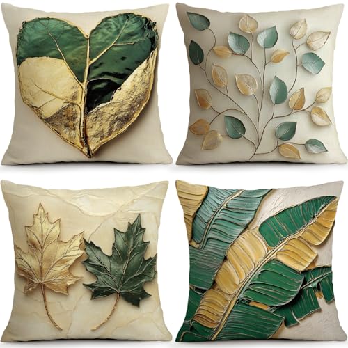 Gold Green Leaves Pillow Covers Set of 4, 18x18 Botanical Modern Decor | Faux Linen Gold Green Botanical Pillow Covers Add Modern Farmhouse Elegance to Living Room Bedroom Sofa Porch - color: Leaves Gold Green, size: 18" x 18" (Pack of 4)