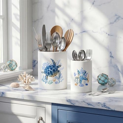 2 Pack Ceramic Utensil Holder 6.3" + 5.1" Ocean Theme Coastal Kitchen Crocks for Countertop Storage, Sea Turtle & Starfish Design, Decorative Utensil Organizer for Beach House Decor