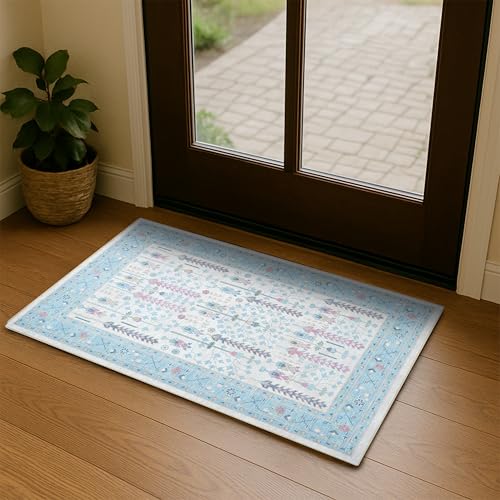 Fame Living Cream Blue Oushak Rug, Modern Small Rugs, Vintage, Turkish, Eclectic, Floral, Pastel, Washable, Door Mat, Doormat for Indoor Entrance, Entryway, Kitchen, Bathroom, Bedroom, Laundry, 2'x3' - color: 850crbl, size: 2' x 3' (Rectangular)