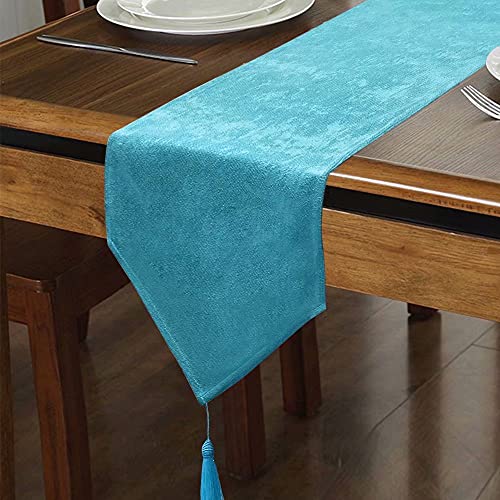 Faux Linen Lake Blue Table Runner with Tassels 14x95 Inch Dresser Scarf Sparkly Spring Table Runner for Home Bedroom Party Birthday Wedding Bridal Baby Shower Docorations - color: Brilliant Faux Linen With Tassels- Lake Blue, size: 95"x14"-1Pc