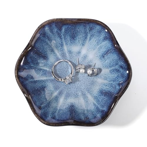 Blue Lotus Leaf Shape Ring Jewelry Dish Holder,Small Trinket Jewelry Tray,Decorative Jewelry Plate Bowl,Key Bowl,Mothers Day Birthday Engegament Gifts for Women Mom Friends,Ceramic - color: Lotus Blue