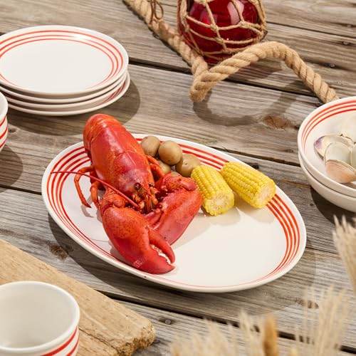 Certified International Dockside Red Oval Platter – 16 x 12 – Stylish Stoneware Serving Plate for Elegant Dinners & Gatherings. Ideal for presenting seafood, roast meats, appetizers, or baked goods.