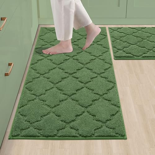 COSY HOMEER Soft Kitchen Rugs Set of 2 Non Slip 20"x30"+20"x48",Green | Absorbent Kitchen Mat for Floor,Non-Skid Standing Mat,Washable,Stain Resistant Kitchen Runner Rug for Sink,Area Rug,Entry - color: Green, size: 20 X 30 "+ 20 X 48 "