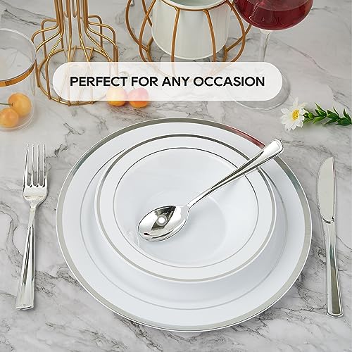 100PCS Plastic Bowls with Silver Rim 12oz Disposable Soup Bowls | Plastic Bowls for Christmas Thanksgiving Premium Dessert Salad Bowls for Wedding/Party/Halloween - color: Silver, style: 100Count