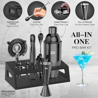 IOV Mixology Bartender Kit With Stand | 12-Piece Cocktail Shaker Set | 24oz Martini Shaker Set For Drink Mixing | Bar Set Includes All Bar Tools And Recipe Booklet | Fun Housewarming Gift (Black) - color: 12 Pcs - Black
