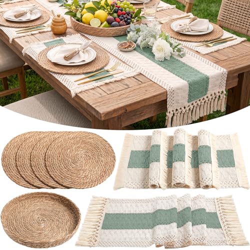 Boho Placemats 4/6/8 Set of Round Woven Placemat Macrame Style Bicolor Stitching Long Table Runner Farmhouse Rustic Natural Burlap Cotton for Kitchen Dining Table(4 Sets,Green,12x72) - color: Green, size: 12x72"
