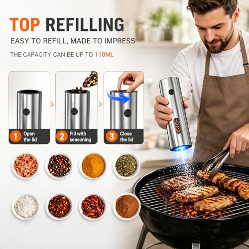 Electric Salt and Pepper Grinder Set with Rechargeable Base, Stainless Steel Automatic Pepper Mill, Large Capacity with LED Light & Adjustable Coarseness, Ideal for Kitchen, Outdoor & BBQ Gifts