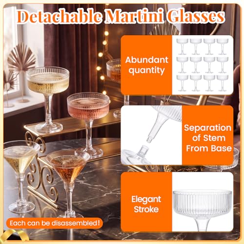 Lounsweer Set of 24 Plastic Champagne Coupe, Including 12 Pcs 10 oz Champagne Tower Glasses and 12 Pcs 5 oz Martini Glasses Plastic, Stackable Ribbed Coupe Cocktail Cups for Wedding Birthday Party