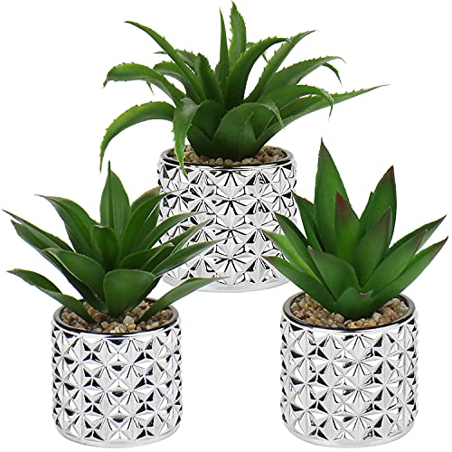 Briful Small Artificial Succulents in Pots 3 Packs Realistic Succulents Faux Potted Plants Cute Succulents Fake Plants Decor with Silver Glass Pots for Desktop Table Shelf Decoration - color: Green Succulents#018