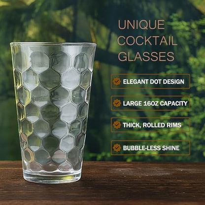 ALINK 16 oz Drinking Glasses, Set of 6 Highball Glass Cups Bar Glasses, Clear Heavy Base Stemmed Water Glasses for Beer, Iced Coffee Cups, Cocktail Glasses, Wine, Iced Tea, Dishwasher Safe - style: Hexagon Design