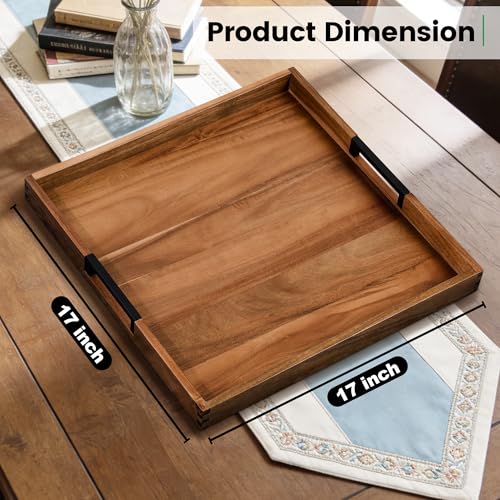 Large Ottoman Tray for Living Room and Coffee Table, Decorative Acacia Wood Serving Tray with Metal Handles for Breakfast in Bed, Dinner Food Kitchen TV (Natural, 17" x 17" x 2") - size: 17" x 17" x 2"