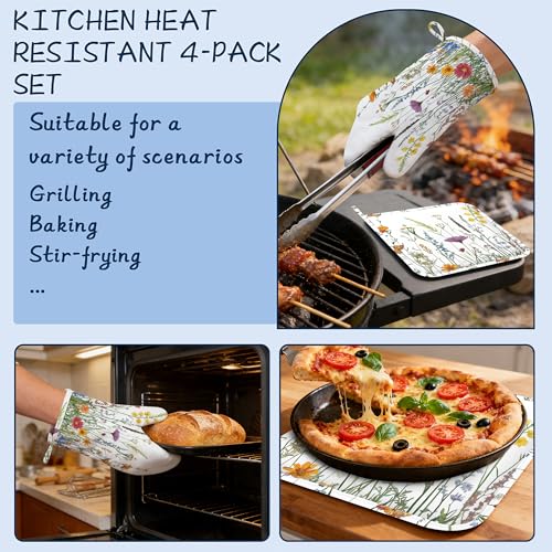 Spring Flowers Pot Holders and Oven Mitts,Rustic Wildflower Oven Mitts Heat Resistant Cotton Lining Anti-Slip Silicone Kitchen Mitts Set Hot Pads for Microwaves Cooking Baking Grilling - color: Spring Flowers