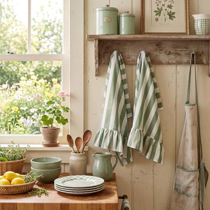 Sage Green Striped Kitchen Towels Set of 2, 100% Cotton Ruffled Striped Dish Towels 18"x31" Absorbent Tea Cloths Classic Pattern for Farmhouse Charm, Drying Dishes, Entertaining Guests - color: Green