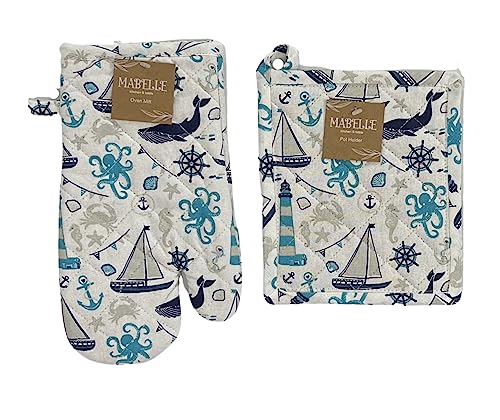 Summer Kitchen Pot Holder Oven Mitt Dish Towel Set: Fun Navy White Aqua Nautical Coastal, 5 pc Set (Coastal) - color: Coastal Set