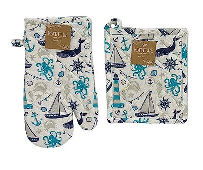 Summer Kitchen Pot Holder Oven Mitt Dish Towel Set: Fun Navy White Aqua Nautical Coastal, 5 pc Set (Coastal) - color: Coastal Set
