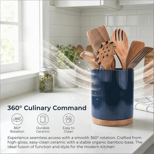 360° Rotating Cooking Utensil Holder, Kitchen Utensil Holder for Countertop | Utensil Crock for Kitchen Counter with Rotatable Wooden Base,Ideal Housewarming Gift & Mothers Day Gift-Blue - color: Blue