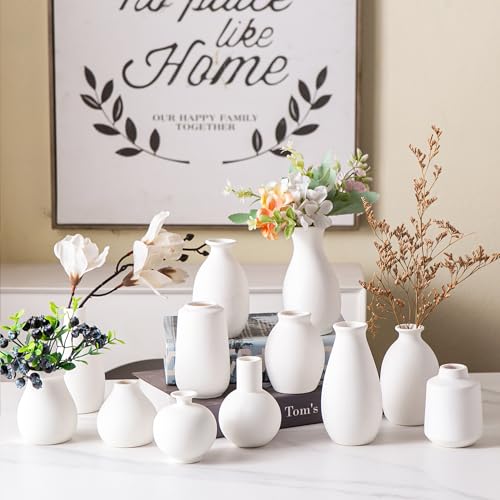 Ceramic Bud Vase Set of 12, White Small Vases | Mini single stem vases for flowers, wedding centerpieces, dining table, shelf display, modern decor accents - color: White - 12 Pcs