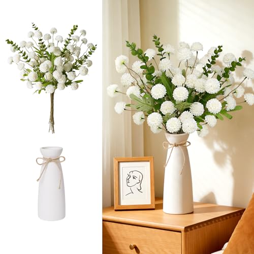 12pcs Artificial Flowers with White Ceramic Vase Included,Vase with Flowers | Faux Flowers for Vase,Table Centerpieces for Dining Room Eucalyptu Faux Kiku Mum White Flowers Floral Arrangements Home Decor - color: White