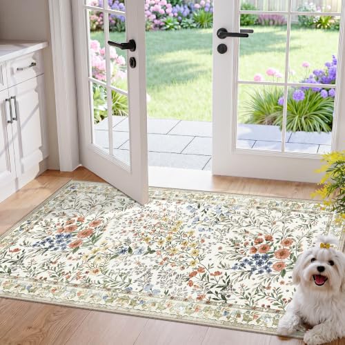 Washable Kitchen Runner Rug 2x4: Vintage Floral Rug for Laundry Room Entryway - Machine Washable Non Slip Low Pile Carpet - Soft Foldable Runner for High Traffic Areas - 2'x4' Beige - color: Beige, size: 2x4