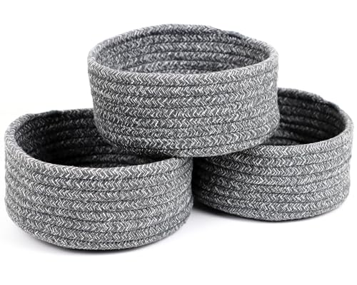Small Woven Cotton Rope Baskets, Set of 3, Grey | Mini Round Baskets, Gift and Storage Baskets, Nursery Organizer, Bathroom Countertop Bins, Decorative Boho Decor - color: Grey