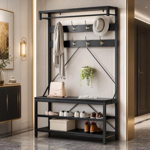 Hall Tree with Bench and Shoe Storage, Entryway Bench with Coat Rack, 3-in-1 Mudroom Organizer with 8 Hooks, Freestanding Industrial Storage Rack for Hallway, Black - color: Black
