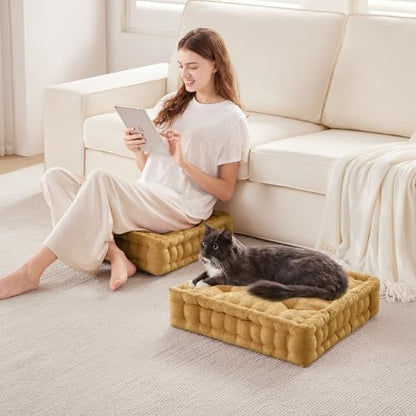 Intelligent Design Floor Pillow Large Meditation Cushion, 20x20 Yellow | Sitting for Adults Yoga, Shredded Foam Filled, Chenille Tufted Cover, Handsewn Scalloped Edge, OEKO-TE Certified - color: Yellow