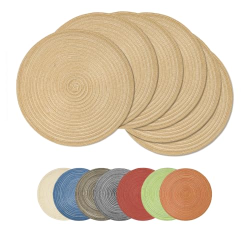 Artoid Mode Beige Cotton Polyester Braided Placemats Set of 6, 14 Inch Washable Non-Slip Woven Round Table Mats for Party Kitchen Dining Decor - color: Beige, size: 14", Round 6 Pcs