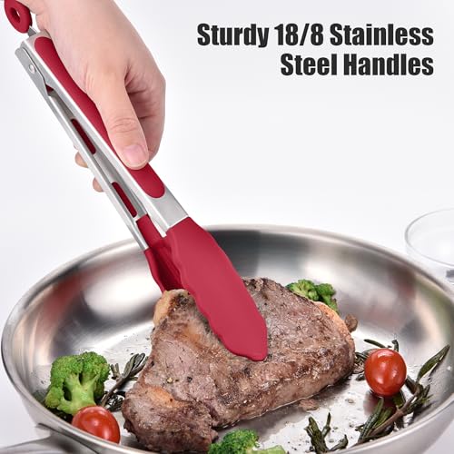 Doosu 600°F Heat Resistant Kitchen Food Tong for Cooking with Non-Scratch Silicone Tips (9in, Red) & 600°F Heat Resistant Spatula Set of 4 for Cooking Baking Stirring (Aqua Sky+Orange+Red+Purple)