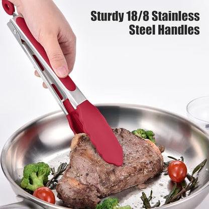 Doosu 600°F Heat Resistant Kitchen Food Tong for Cooking with Non-Scratch Silicone Tips (9in, Red) & 600°F Heat Resistant Spatula Set of 4 for Cooking Baking Stirring (Aqua Sky+Orange+Red+Purple)
