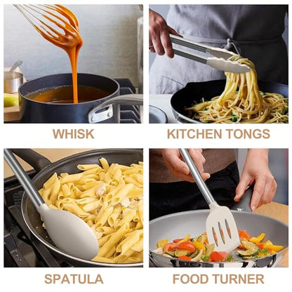 Kitchen Utensils Set-Umite Chef 34 Pcs Silicone Cooking Utensils Set for Nonstick Cookware-Silicone Spatulas Set, Stainless Steel Handle-Khaki Kitchen Gadgets Tools, Pots and Pans Accessories - color: Khaki