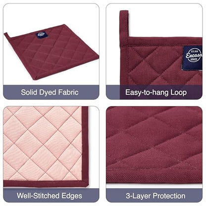 Encasa XO Pot Holders, Quilted Kitchen Hot Pads 8"x8" Maroon | 100% Heavyweight Cotton | Quilted Insulation | Multipurpose Trivets & Hot Pads | Hanging Loop | Set of 2 - color: Maroon