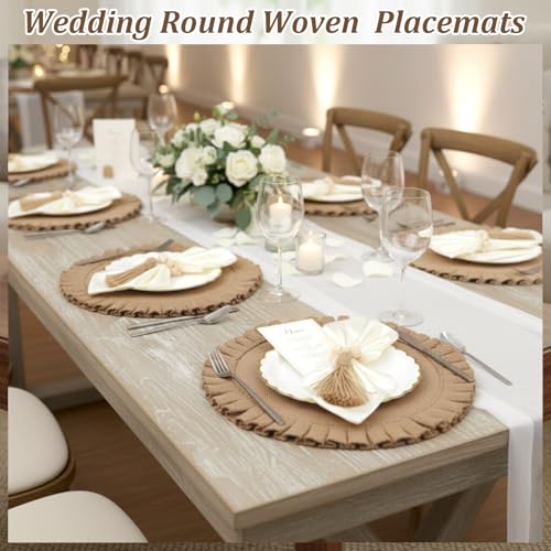 18 Pack Round Burlap Placemats Wood Bead Napkin Rings with Dinner Napkins Cloth, Jute Heat Resistant Placemats Boho Wooden Rings for Plates Wedding Dining Table