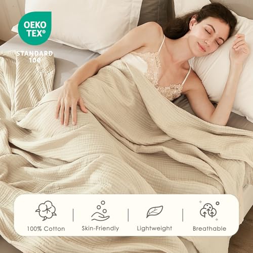 EMME Cotton Blanket King Size for Bed Soft Muslin Blankets 108"x90" Beige Lightweight Breathable Layering Bedspread Coverlet All Season Gauze - color: 02 - Beige, size: King (108" x 90")