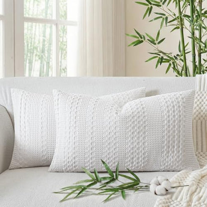 a moment 2 Pack Bamboo Fiber Pillow Covers - Waffle Weave, Ultra Soft & Breathable, Skin-Friendly Cotton Throw Pillow for Couch, Sofa, Bedroom Living Room 12x20 Inch White - color: White, size: 20" x 12" (Pack of 2)