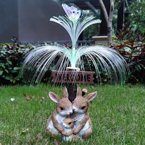 Solar Rabbit Garden Statues,Resin Rabbit Family Figurine with Welcome Card and 7-Color Changing Optical Fiber with Solar Lights, Lawn Decor Outdoor Statue for Patio,Balcony,Yard,Lawn - color: Brown（rabbit）