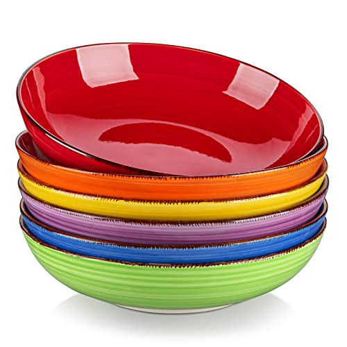 vancasso Bonita Pasta Bowls Set of 6, 38 oz Shallow Ceramic Bowls for Pasta, Salad, Soup & More - Microwave, Dishwasher & Oven Safe - Assorted Colors - color: Warm Color, size: 38 Oz