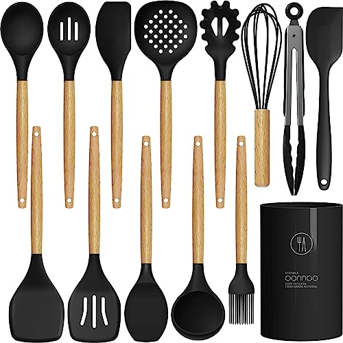 oannao Silicone Cooking Utensils Set - 446°F Heat Resistant Silicone Kitchen Utensils for Cooking,Kitchen Utensil Spatula Set w Wooden Handles, BPA FREE Gadgets for Non-Stick Cookware (Black) - color: Black