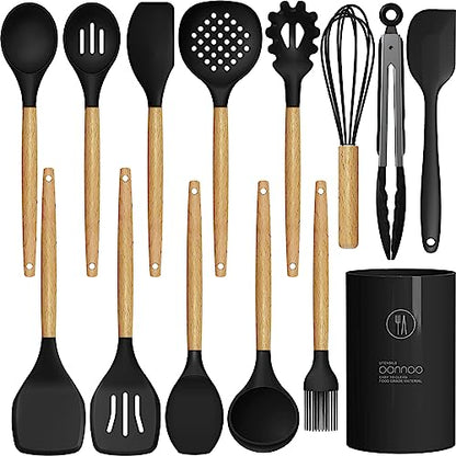 oannao Silicone Cooking Utensils Set - 446°F Heat Resistant Silicone Kitchen Utensils for Cooking,Kitchen Utensil Spatula Set w Wooden Handles, BPA FREE Gadgets for Non-Stick Cookware (Black) - color: Black